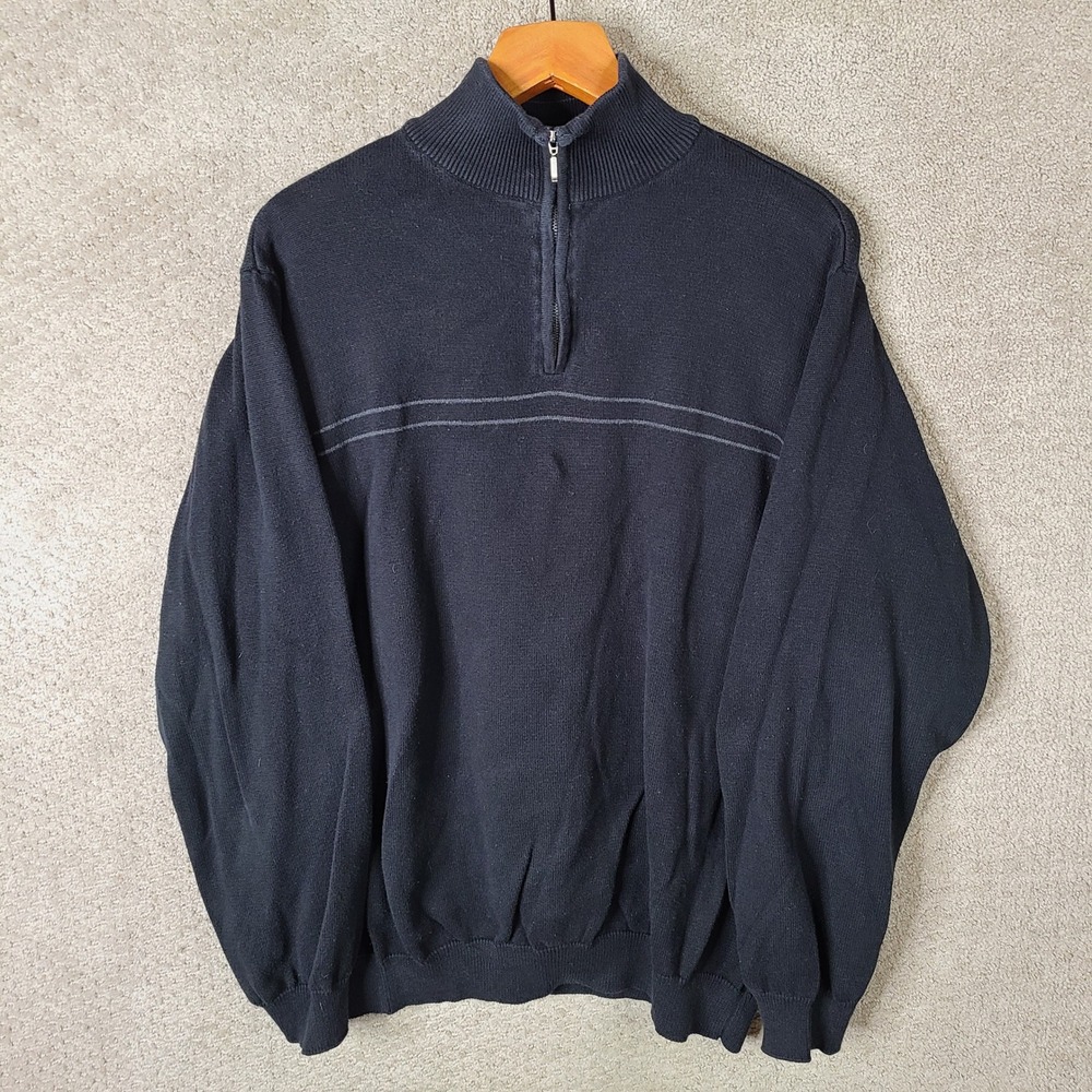 Arrow Sweater Mens Large Black Striped Quarter Zip Pullover Cotton Casual Cozy